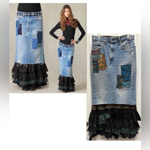 Free People Long Modest Denim Jean Ruffle Embroidered Skirt 34/31 NWOT tic toc - Picture 2 of 11